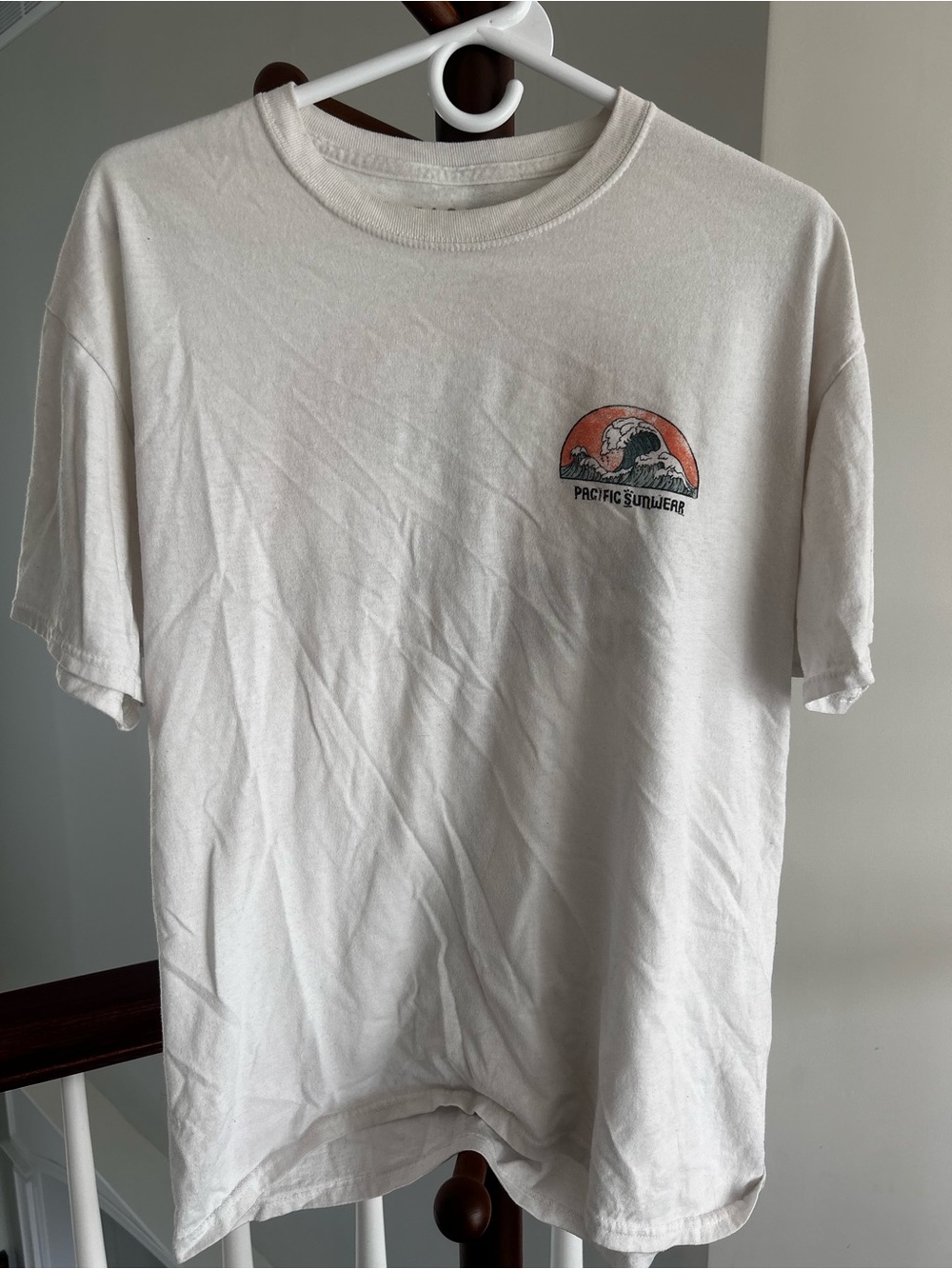 Pacific Sunwear White Tee with Orange Surf Graphic